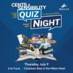 Poster for Centis Sensibility Quiz Night in Whistler with a collage of vehicles emerging from an open book; July 9, 6–9 p.m. at Cinnamon Bear in the Hilton Hotel.