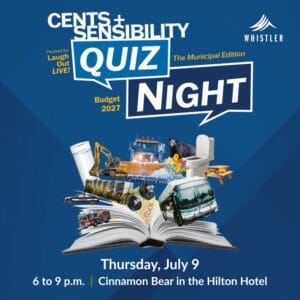 Poster for Centis Sensibility Quiz Night in Whistler with a collage of vehicles emerging from an open book; July 9, 6–9 p.m. at Cinnamon Bear in the Hilton Hotel.
