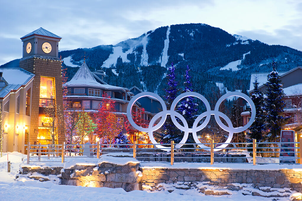Whistler Village's with Christmas lights at dusk