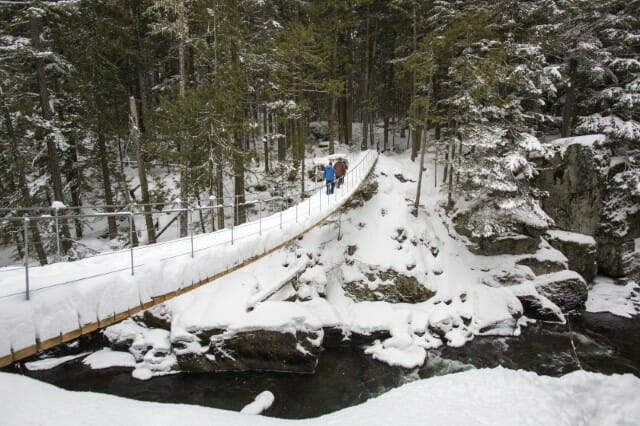 Snow covered suspension bridge to Train Wreck image by Justa Jeskova, courtesy of Tourism Whistler