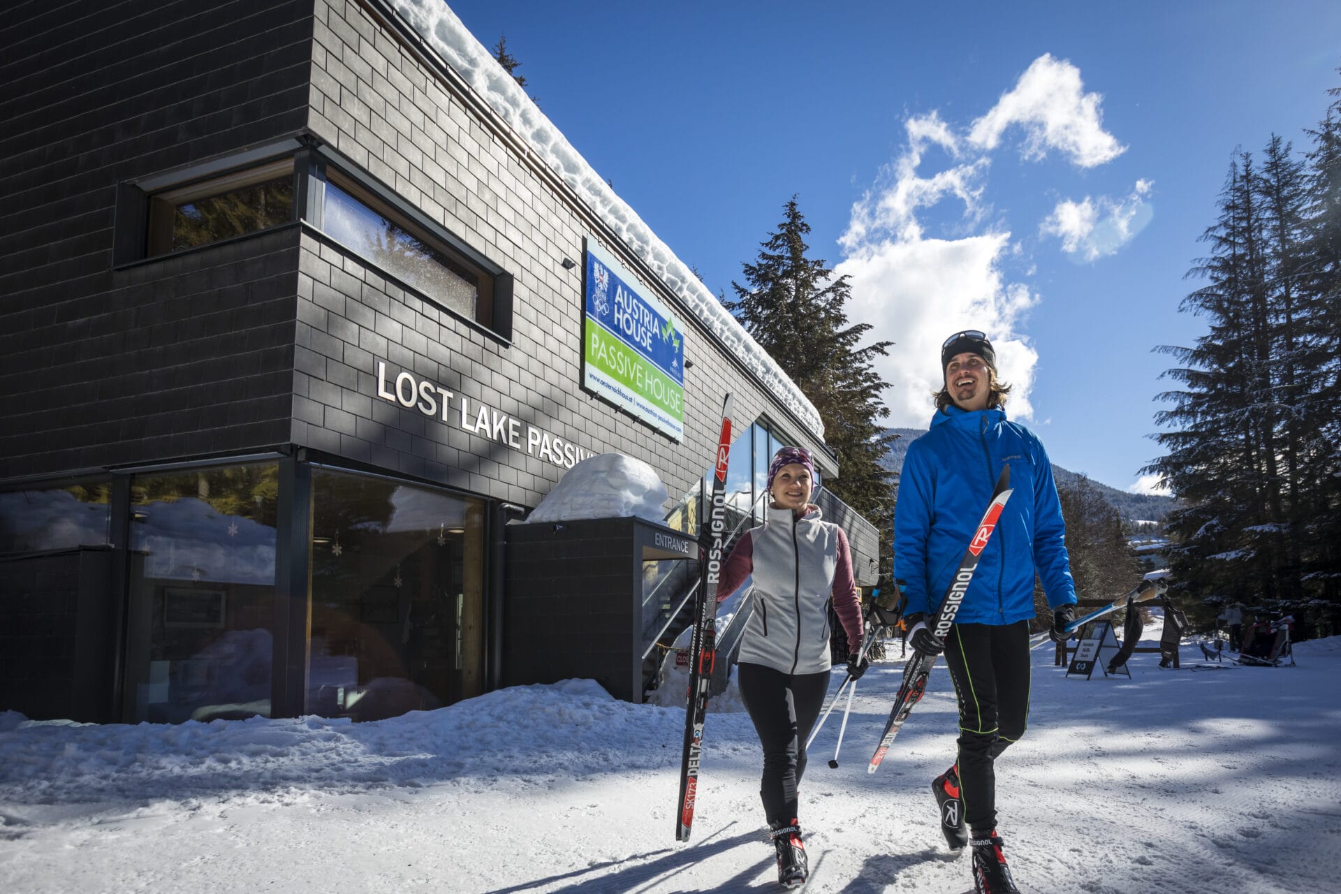 Cross country skiers outside PassivHaus