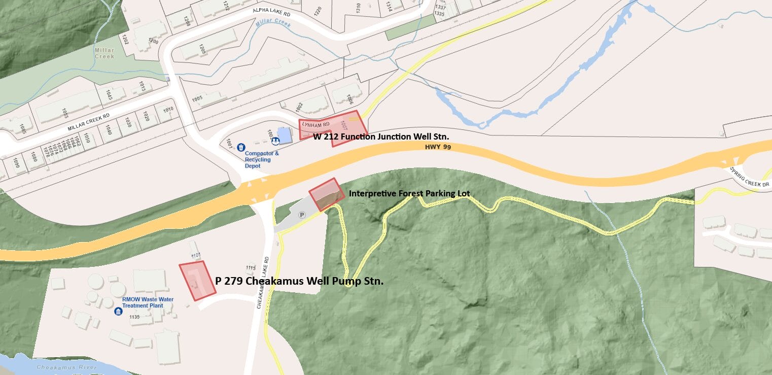 Map of construction work on South Whistler Water Supply project. Work is in Function Junction, Interpretive Forest Parking Lot and Cheakamus