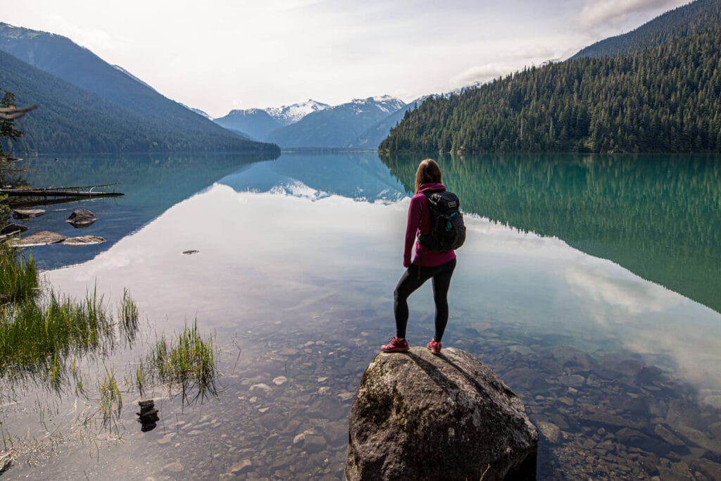 Hiker looks out over Cheakamus Lake.