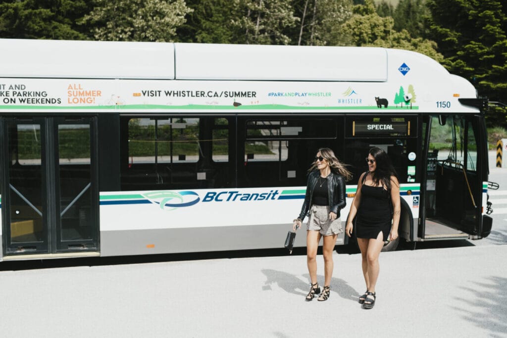 Two women getting off a bus