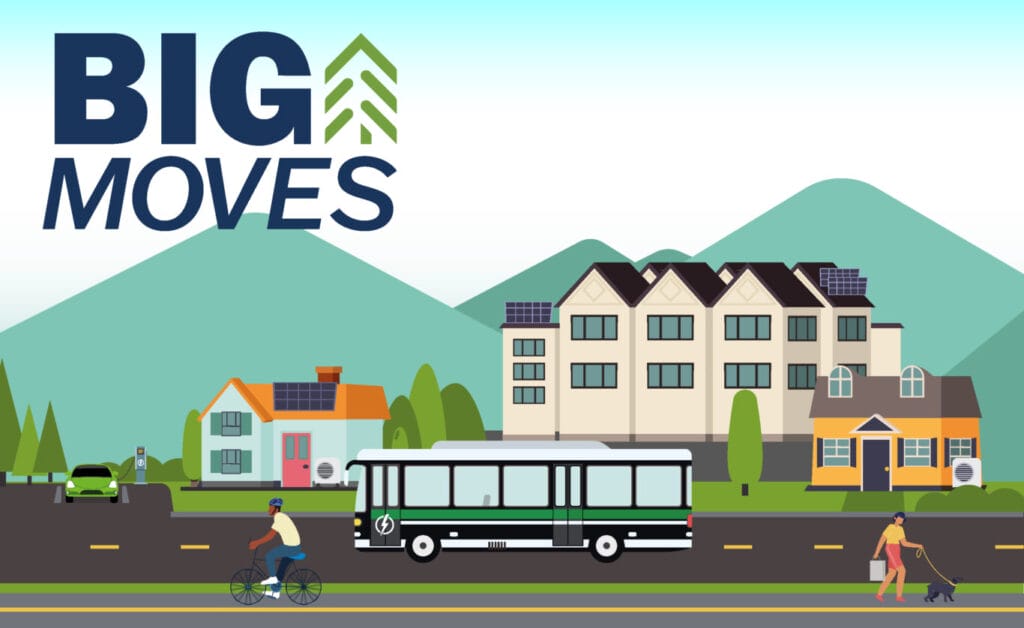 Big Moves wordmark with image of houses with bus and people walking