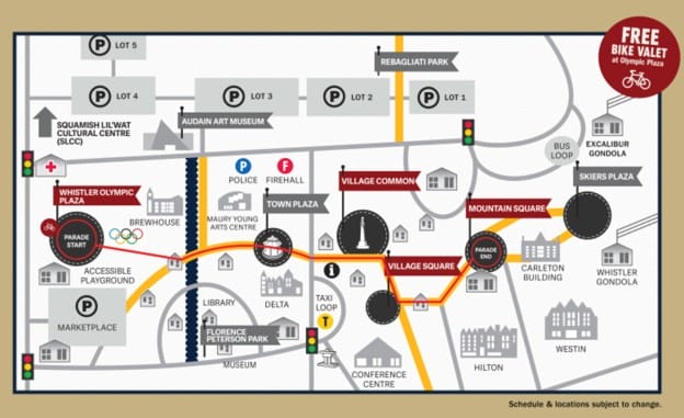 Illustrated Whistler Village map showing parking lots (L1–L4), Village Square, Whistler Olympic Plaza, Town Plaza, Police/Firehall, Library, and a bike valet.