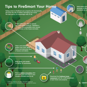 Infographic titled 'Tips to FireSmart Your Home' showing a house, yard, and safety icons with wildfire tips.