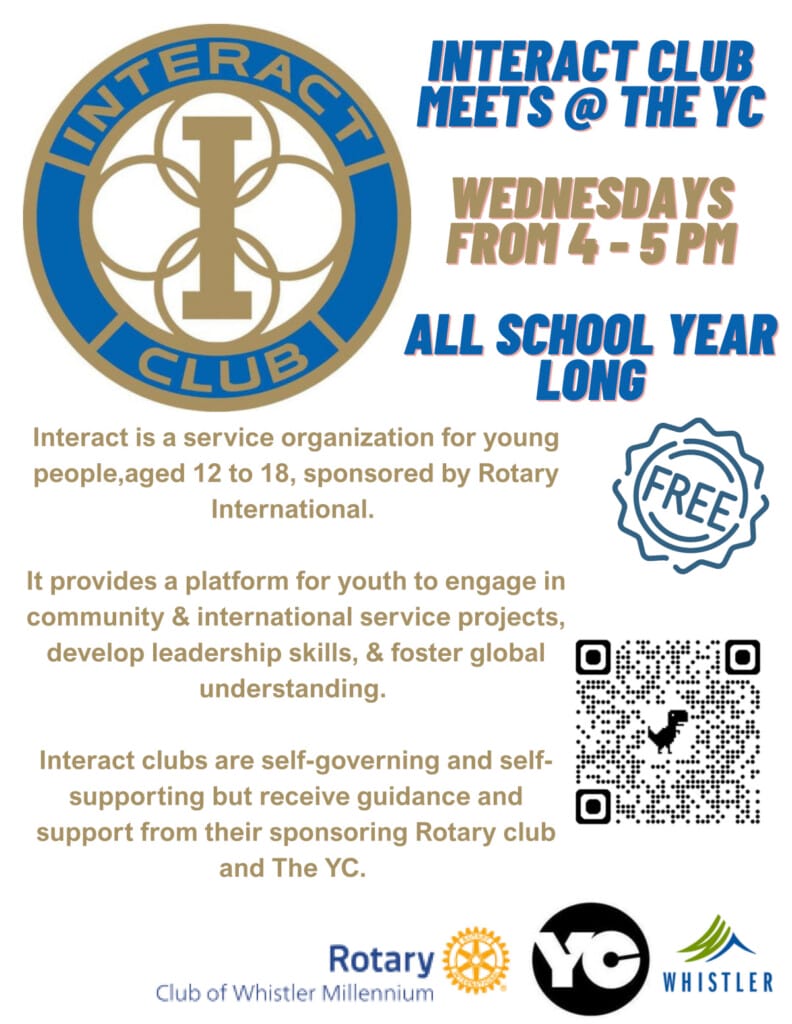 Poster advertising Interact Club meets at the YC: Wednesdays 4–5 PM, all school year; free event with sponsor logos and QR code visible.