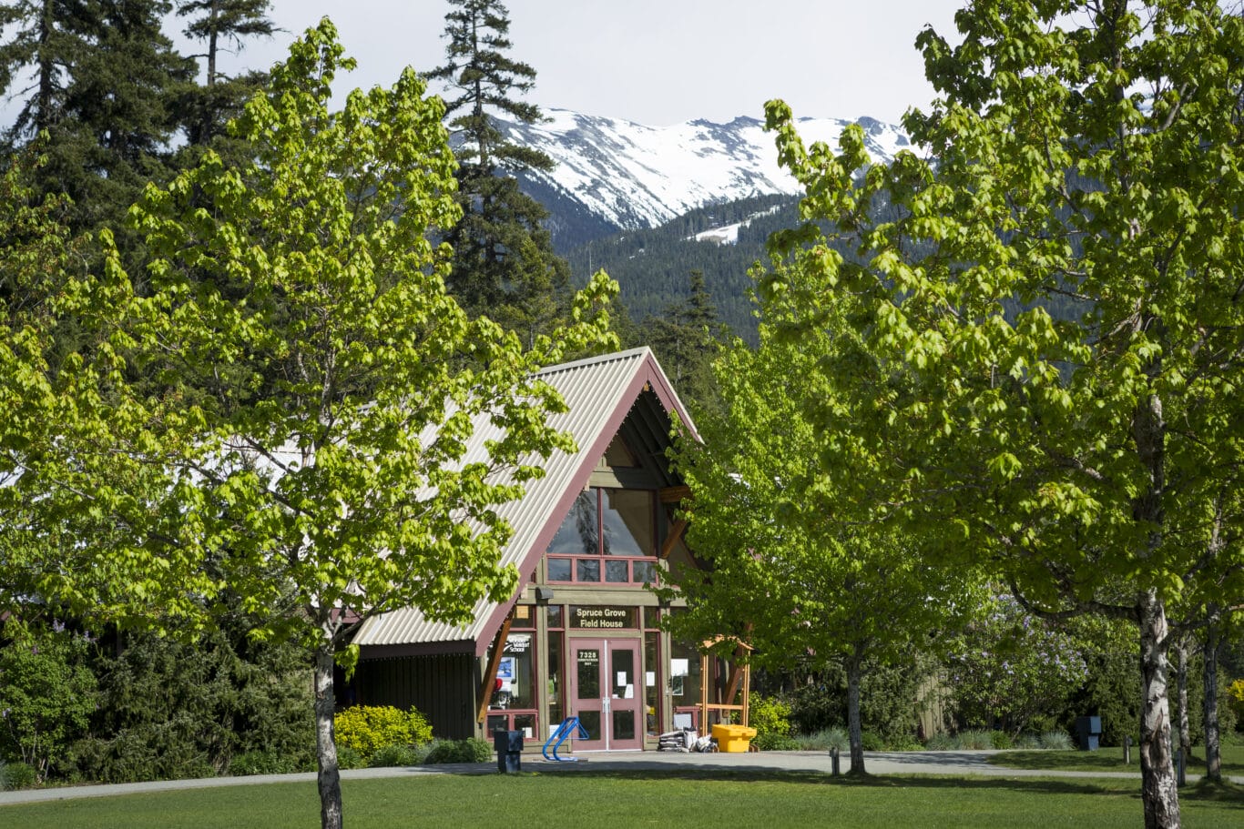 A small A-frame visitor center surrounded by green trees with snowy mountains in the background, sunny day.