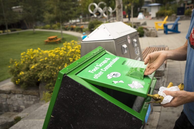 Compost, recycling and garbage bins in Whistler Village
