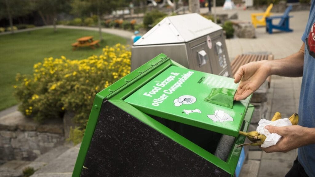Compost, recycling and garbage bins in Whistler Village