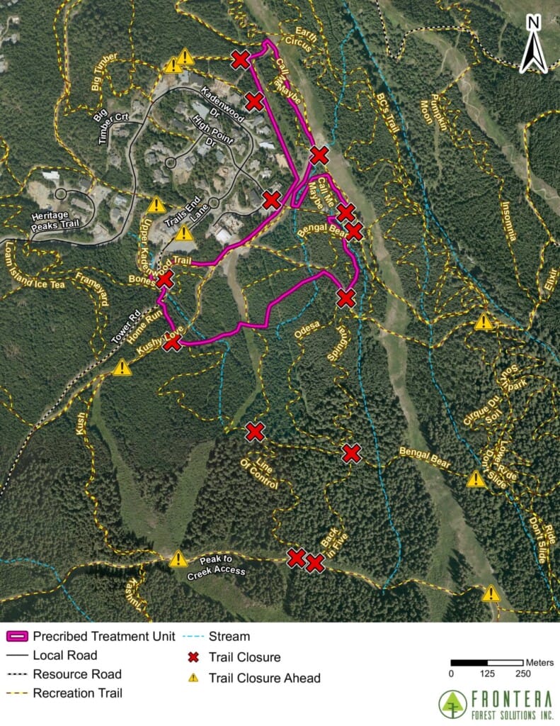 Aerial map of a forest recreation area showing multiple trail closures marked with red Xs along pink/purple routes; yellow triangle icons indicate closures ahead; blue dashed streams and various road types labeled.