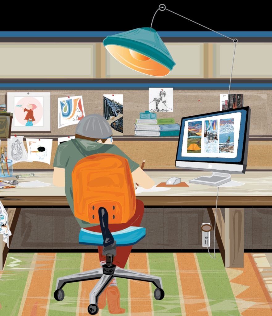 Graphic showing digital artist Pam Staples working on her computer