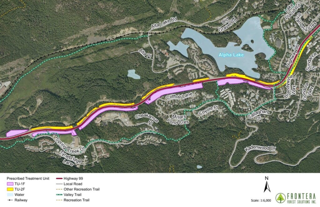 A detailed map of the Highway 99 corridor by Alpha Lake, showing treatment lines (purple/yellow), water, trails, and surrounding streets and neighborhoods.] ,
