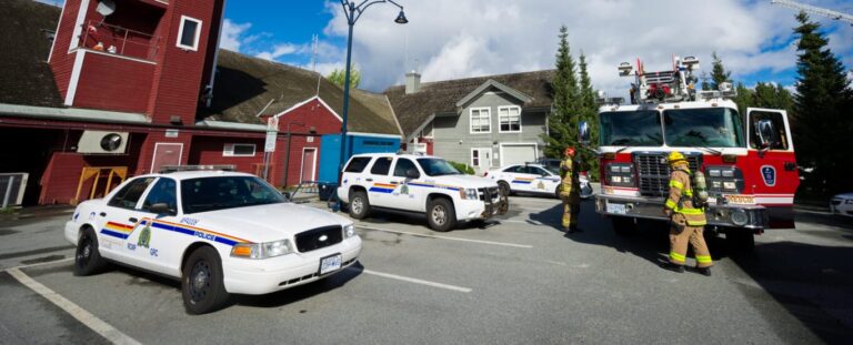 Police cars and fire trucks outside of the Whistler Village fire hall