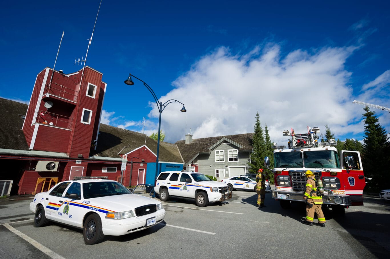 Police cars and fire trucks outside of the Whistler Village fire hall