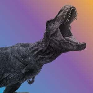 Gray Tyrannosaurus rex head with mouth wide open, showing sharp teeth, against a blue-purple to orange gradient background