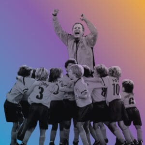 Coach or captain celebrates victory atop a huddle of young players, arms raised in triumph against a purple-blue gradient backdrop, conveying teamwork and success.