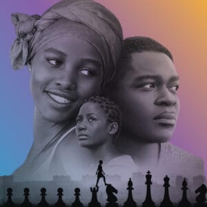 Collage of a smiling woman with a headwrap, a man looking sideways, and a child, over a purple–orange gradient with silhouettes of people and a cemetery at the bottom.