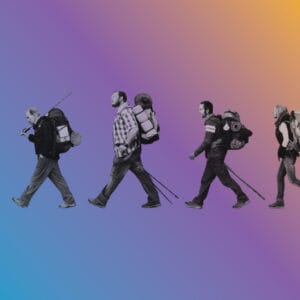 Four hikers with large backpacks walking in a line against a blue–orange gradient background, some with camping gear and trekking poles.