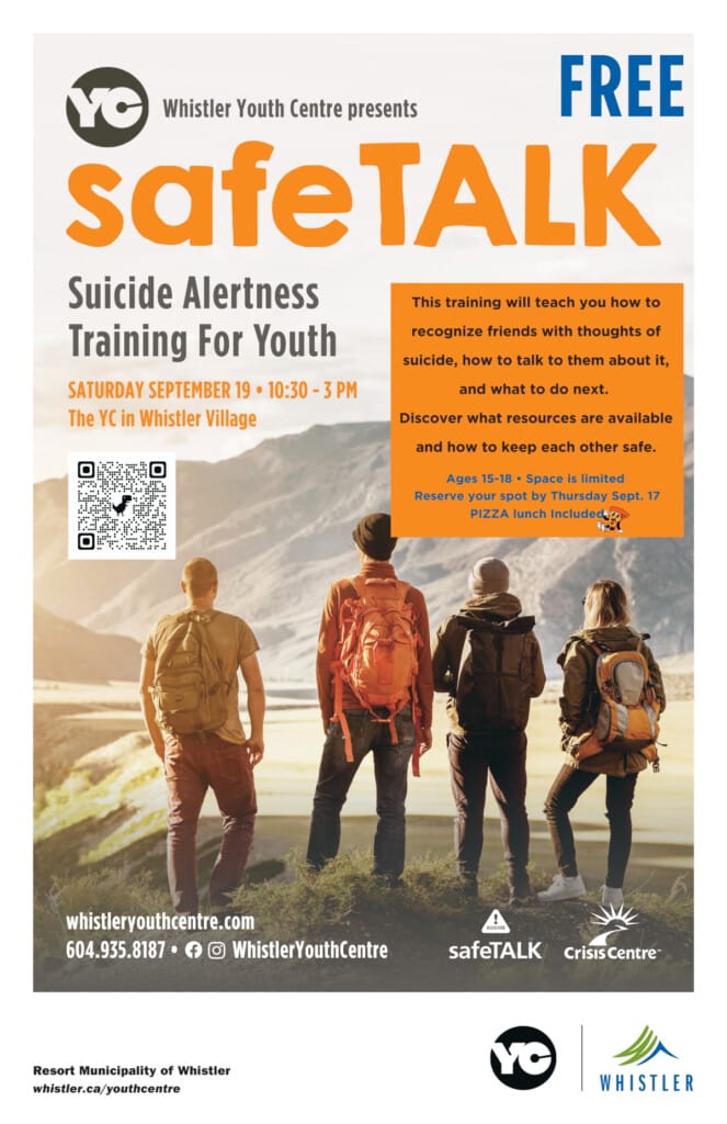 Poster advertising free SafeTALK suicide alertness training for youth; four hikers overlook mountains with an orange info panel detailing event details and a QR code on the left.