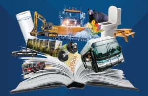 Open book with a collage of vehicles, construction equipment, money, a bear, a toilet, flowers and more bursting from its pages.