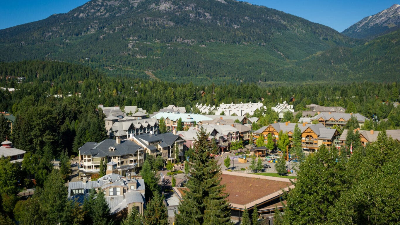 Aerial view of the village including the Olympic Plaza